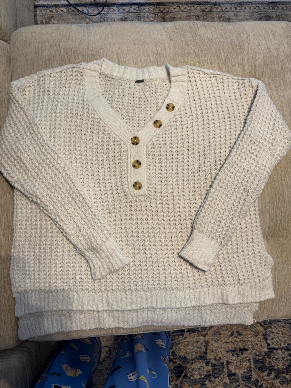 Free People Womens Cream Waffle-Knit Button Henley Sweater size Medium